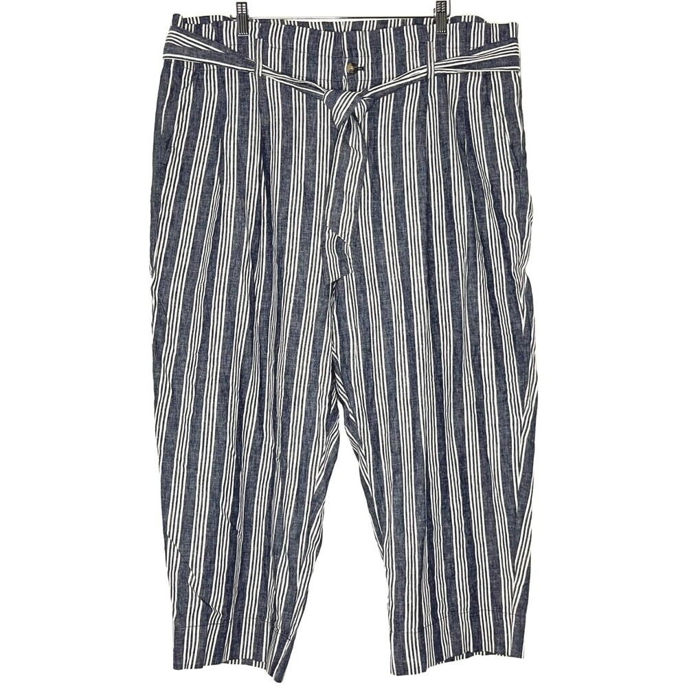Madewell Womens Pant 20 Blue White Stripe Linen Cotton Paperbag High Rise Belted